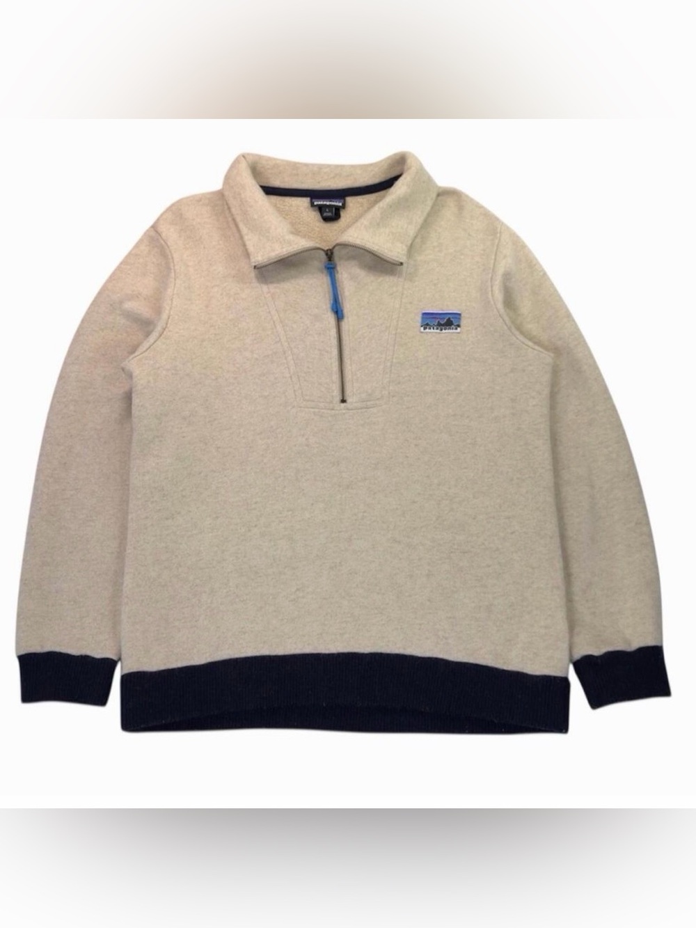 Patagonia Beige Pullover Quarter-Zip with Navy Hem and Blue Trim